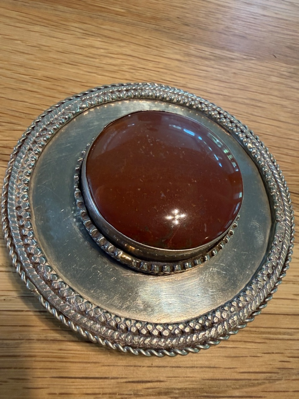 Big, beautiful Belt Buckle, Silver Tone with Natural Rust Red Stone, 1.5” Belt
